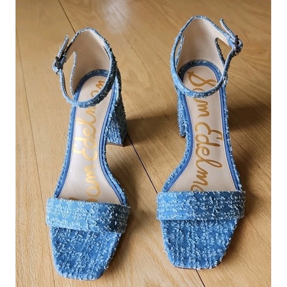 Sam Edelman Shoes - Sam Edelman Daniella Blue‎ Distressed Frayed Denim Block Heel Sandals Womens 7.5
